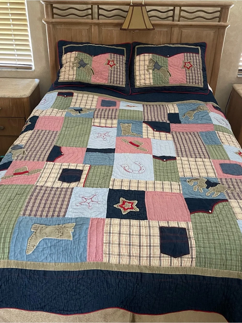 VTG Pottery Barn Kids Wild West Patchwork 100% Cotton Quilt & 2 Pillow Shams